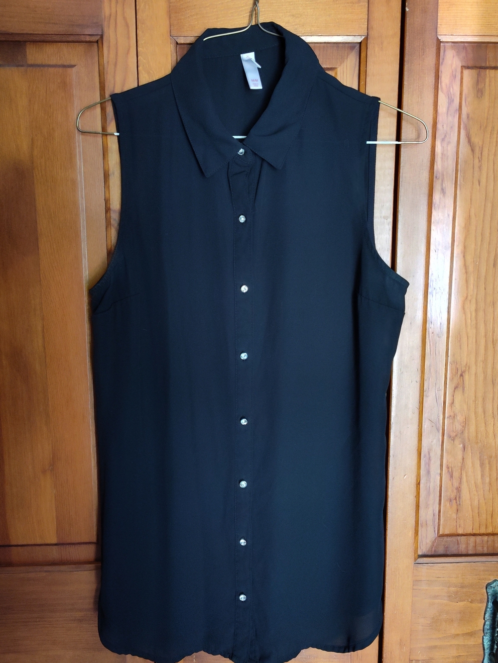 Women's Black Chiffon Sleeveless Blouse w/Rhinestone Buttons M